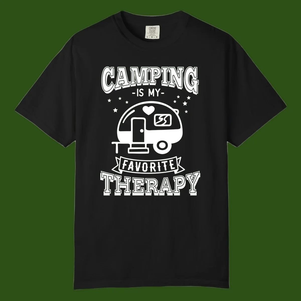 Vintage-style camping therapy design with retro travel trailer, heart, stars, and text reading 'Camping Is My Favorite Therapy'