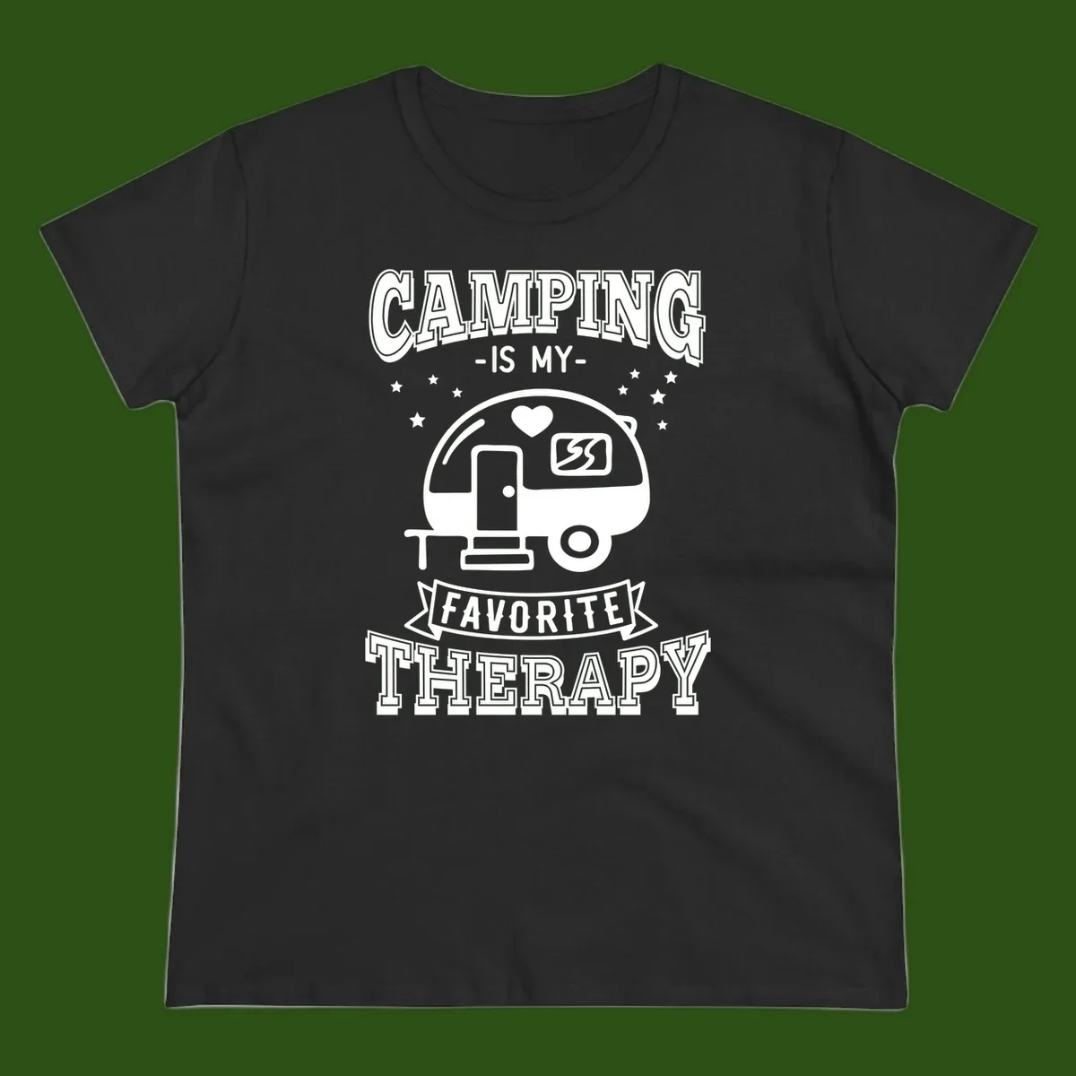 Vintage-style camping therapy design with retro travel trailer, heart, stars, and text reading 'Camping Is My Favorite Therapy'