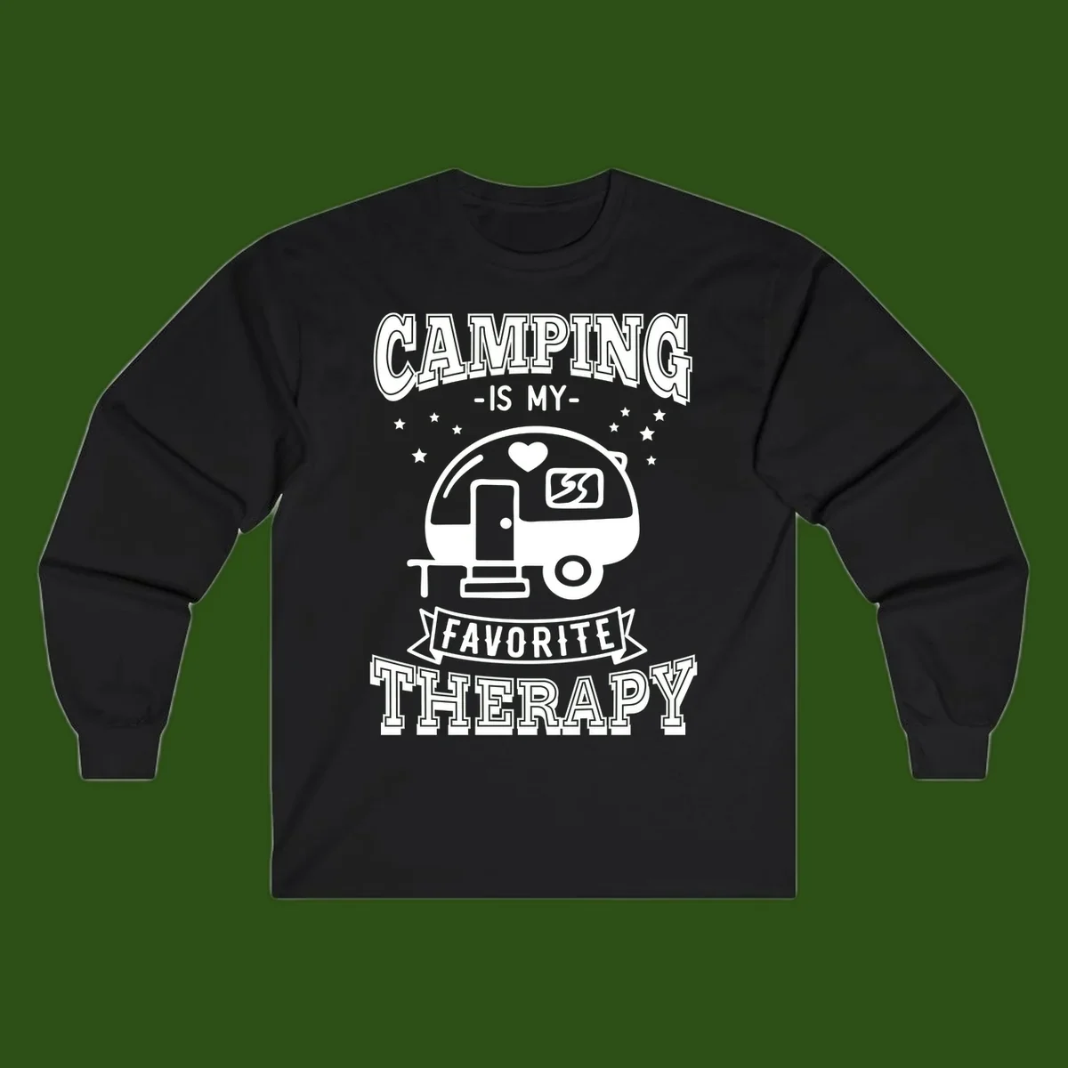 Vintage-style camping therapy design with retro travel trailer, heart, stars, and text reading 'Camping Is My Favorite Therapy'