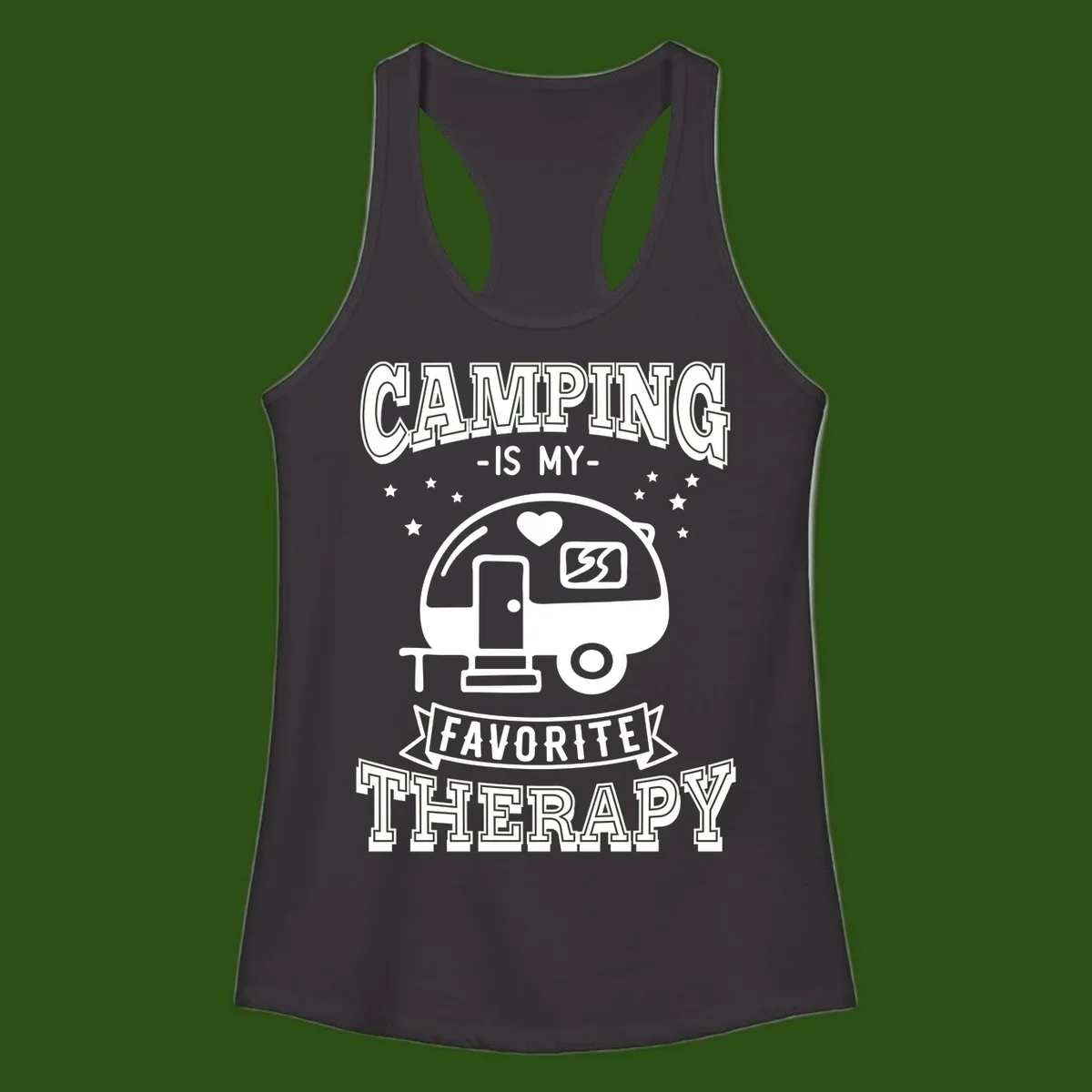 Vintage-style camping therapy design with retro travel trailer, heart, stars, and text reading 'Camping Is My Favorite Therapy'