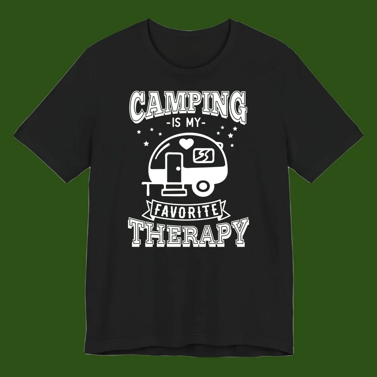 Vintage-style camping therapy design with retro travel trailer, heart, stars, and text reading 'Camping Is My Favorite Therapy'