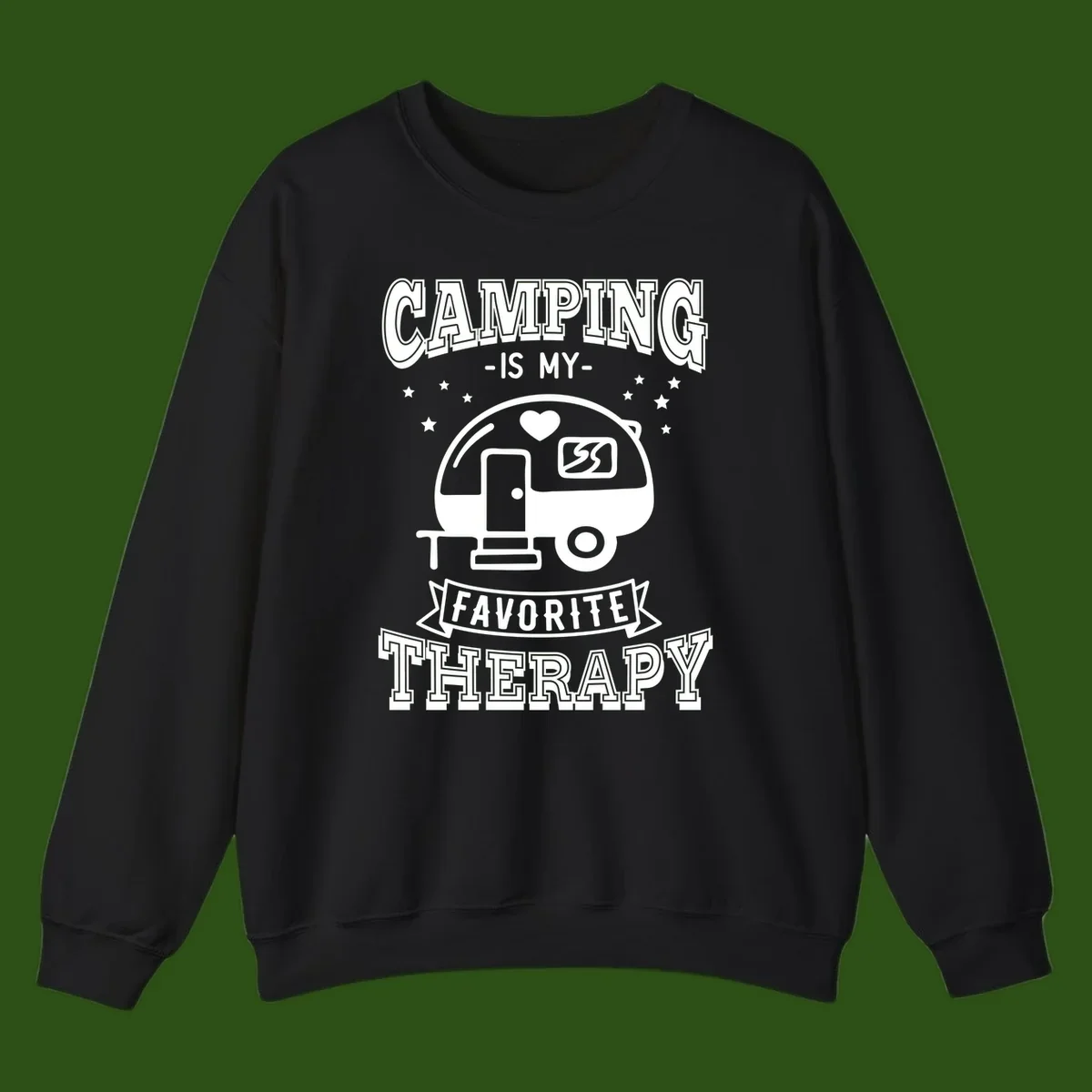 Vintage-style camping therapy design with retro travel trailer, heart, stars, and text reading 'Camping Is My Favorite Therapy'
