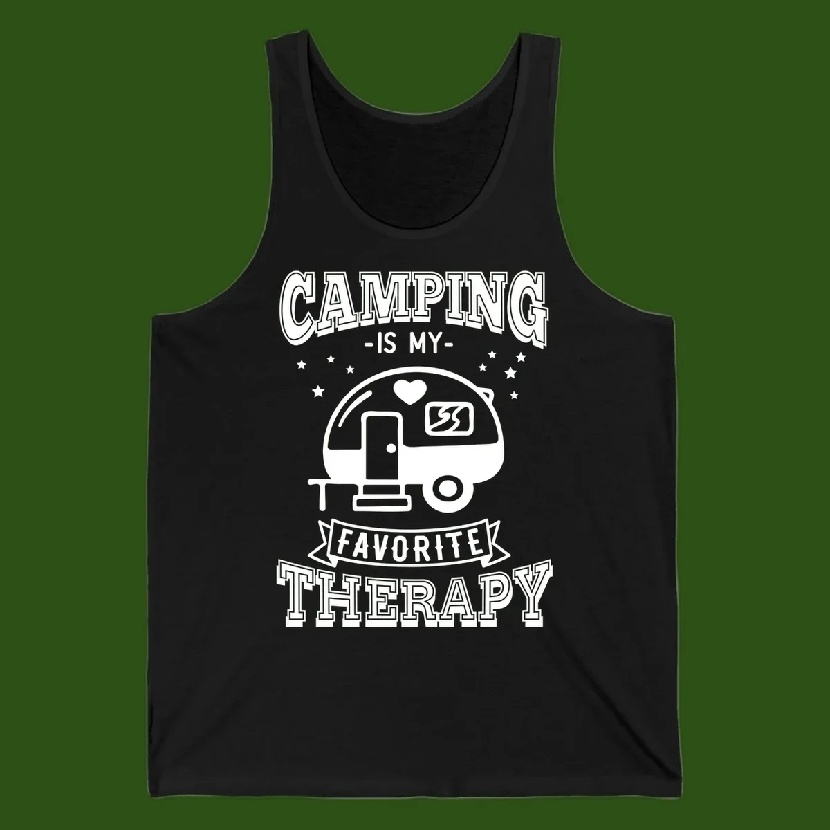 Vintage-style camping therapy design with retro travel trailer, heart, stars, and text reading 'Camping Is My Favorite Therapy'