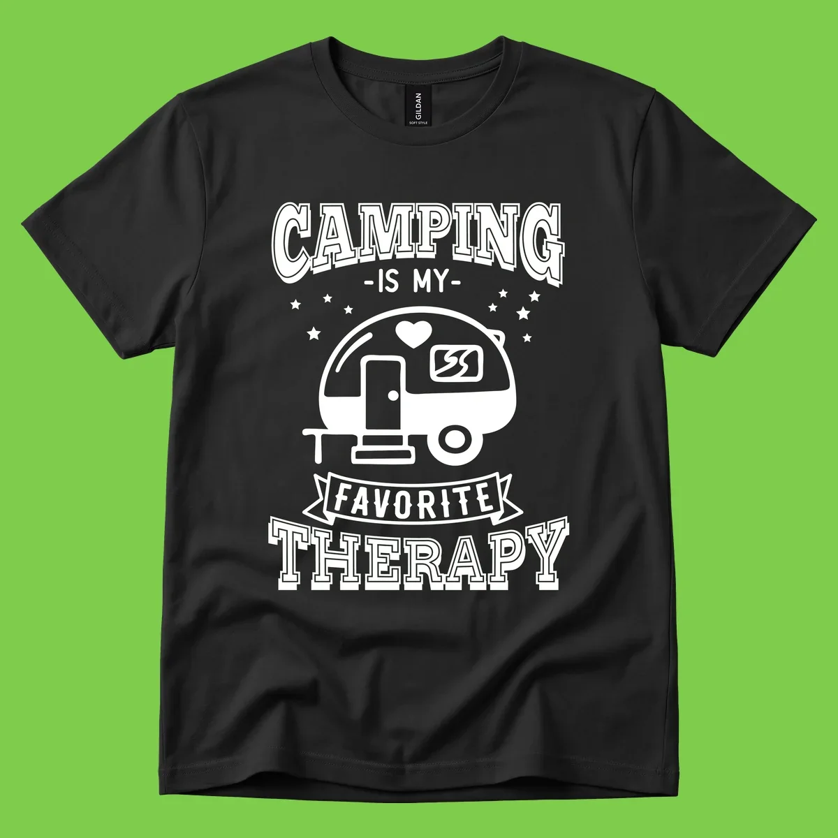 Vintage-style camping therapy design with retro travel trailer, heart, stars, and text reading 'Camping Is My Favorite Therapy'