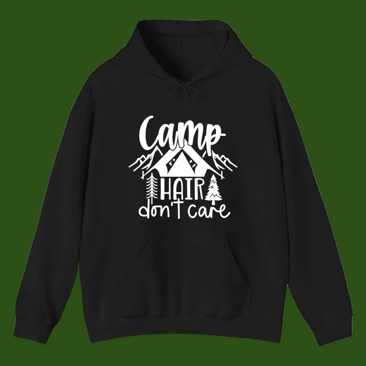 Camp hair don't care design with tent, mountains, pine trees, and campfire illustration with cursive text
