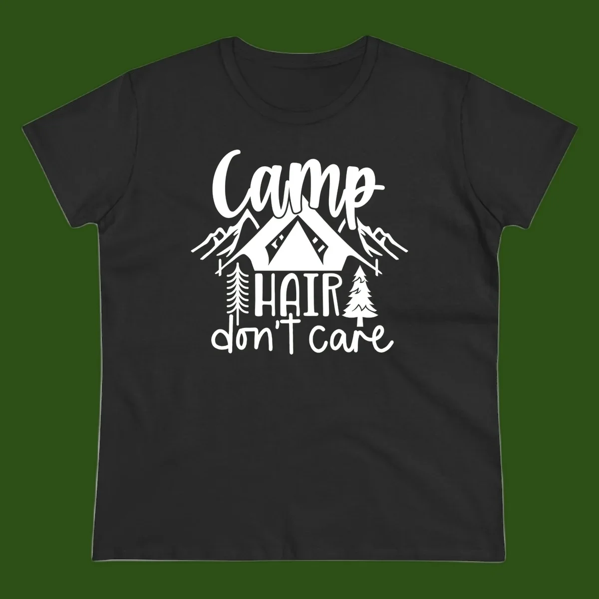 Camp hair don't care design with tent, mountains, pine trees, and campfire illustration with cursive text
