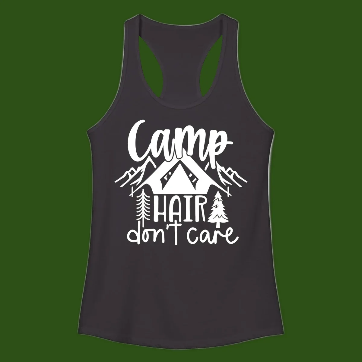 Camp hair don't care design with tent, mountains, pine trees, and campfire illustration with cursive text