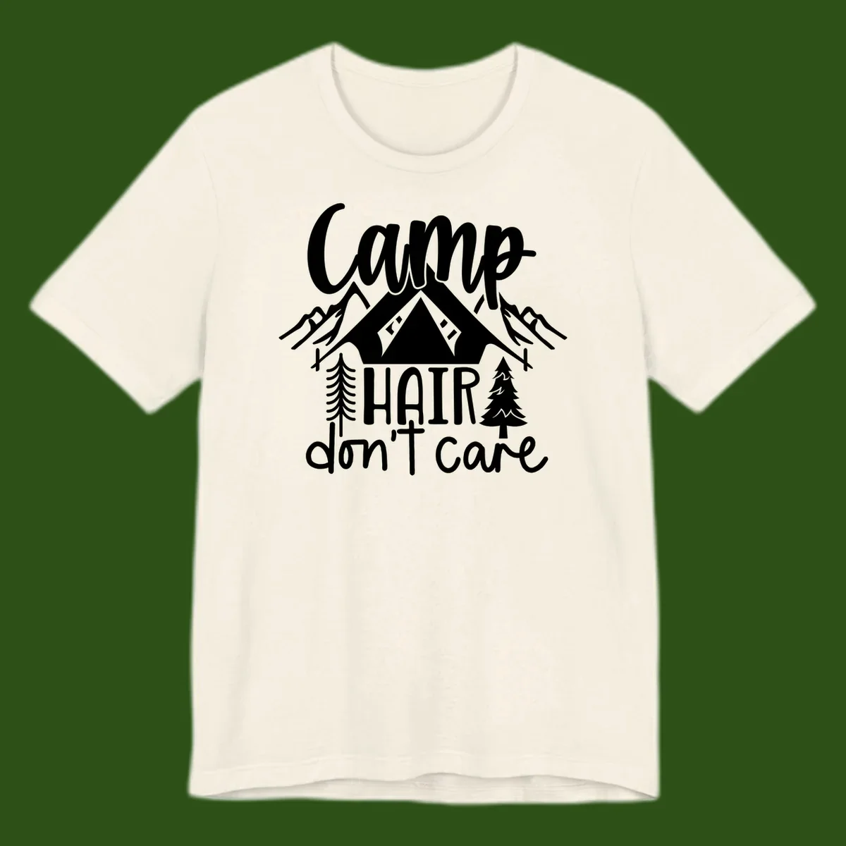 Camp hair don't care design with tent, mountains, pine trees, and campfire illustration with cursive text