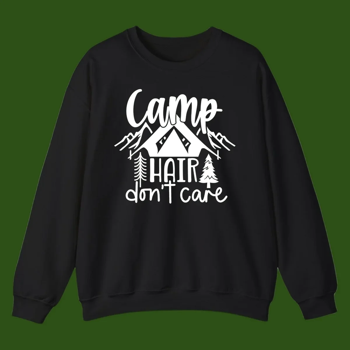 Camp hair don't care design with tent, mountains, pine trees, and campfire illustration with cursive text