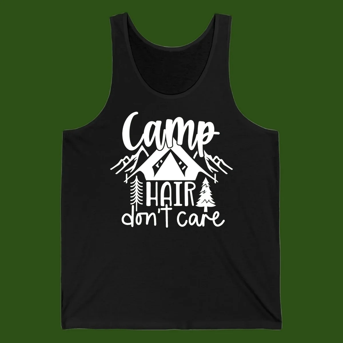 Camp hair don't care design with tent, mountains, pine trees, and campfire illustration with cursive text