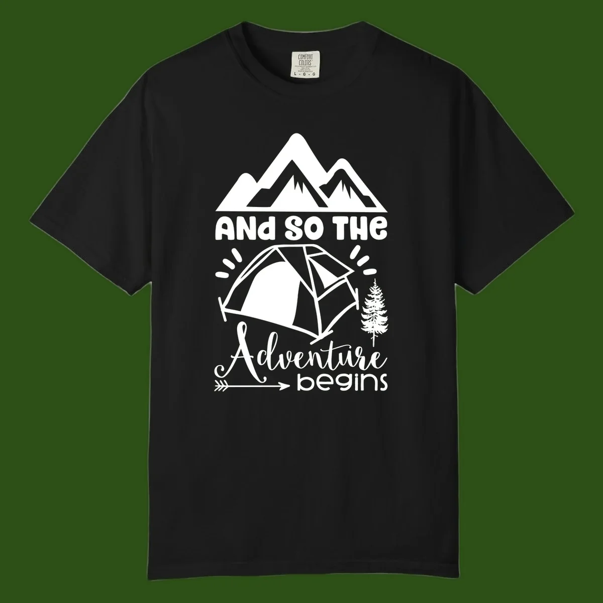 Adventure begins camping design with snow mountains, tent, tree, and motivational text on gray background