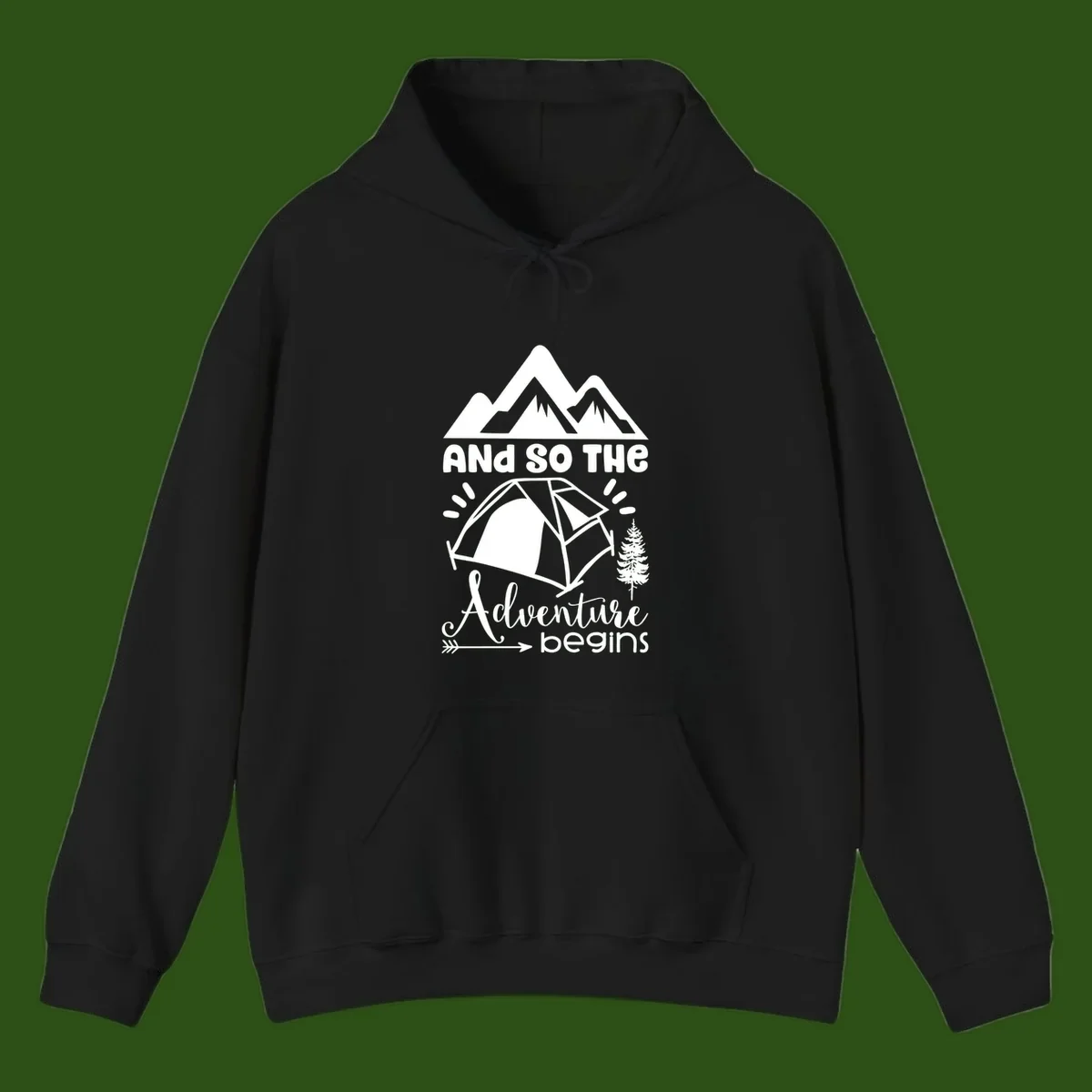 Adventure begins camping design with snow mountains, tent, tree, and motivational text on gray background