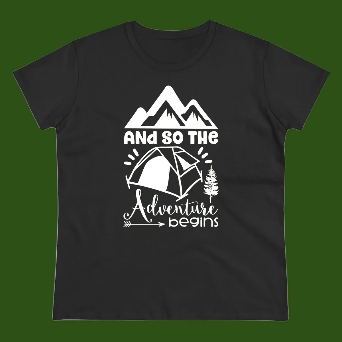 Adventure begins camping design with snow mountains, tent, tree, and motivational text on gray background