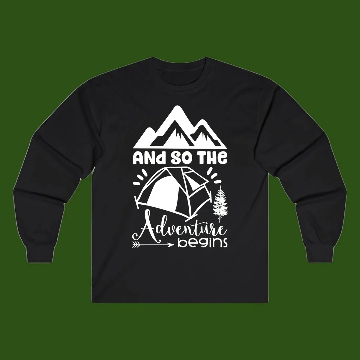 Adventure begins camping design with snow mountains, tent, tree, and motivational text on gray background