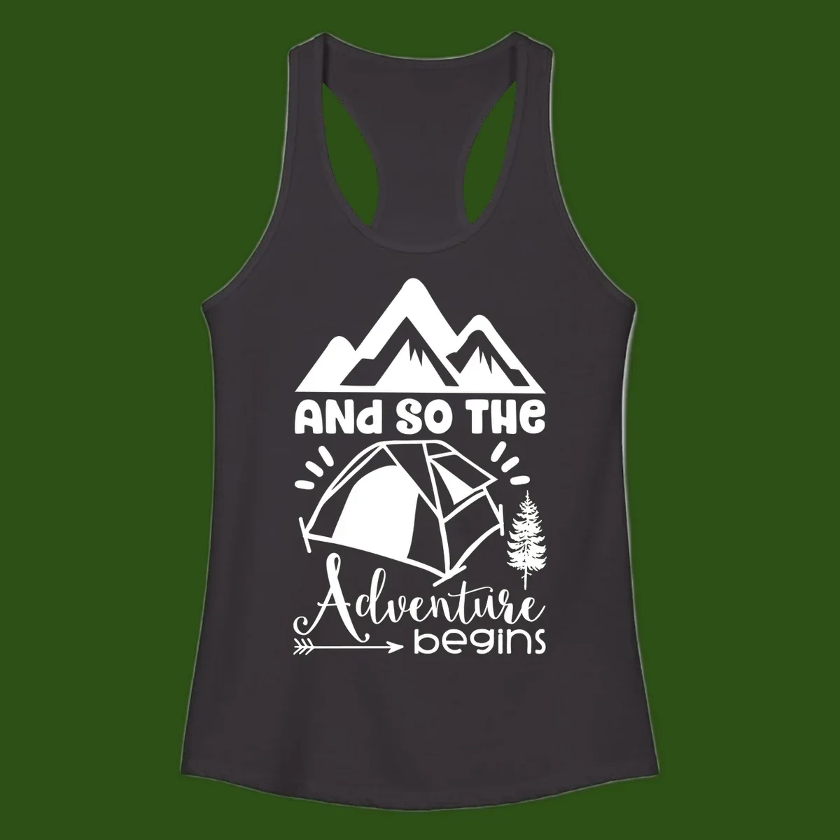 Adventure begins camping design with snow mountains, tent, tree, and motivational text on gray background
