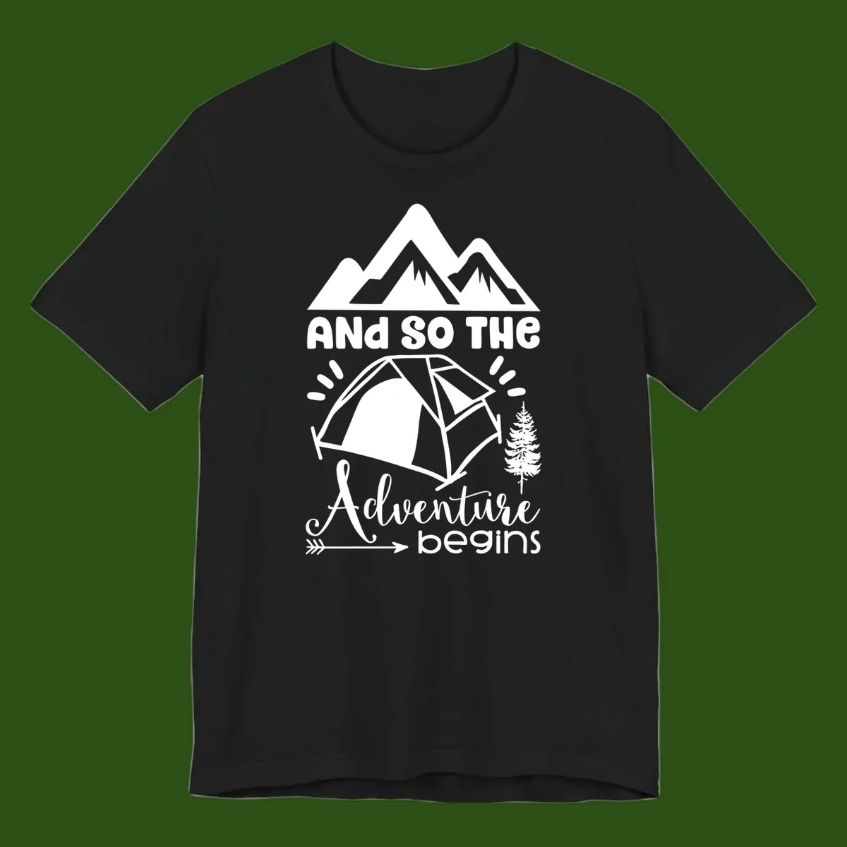 Adventure begins camping design with snow mountains, tent, tree, and motivational text on gray background