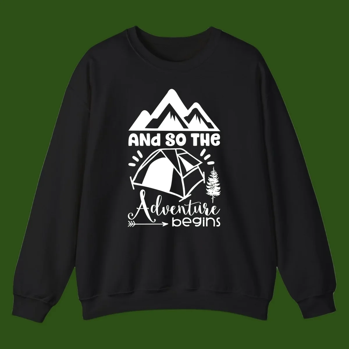Adventure begins camping design with snow mountains, tent, tree, and motivational text on gray background