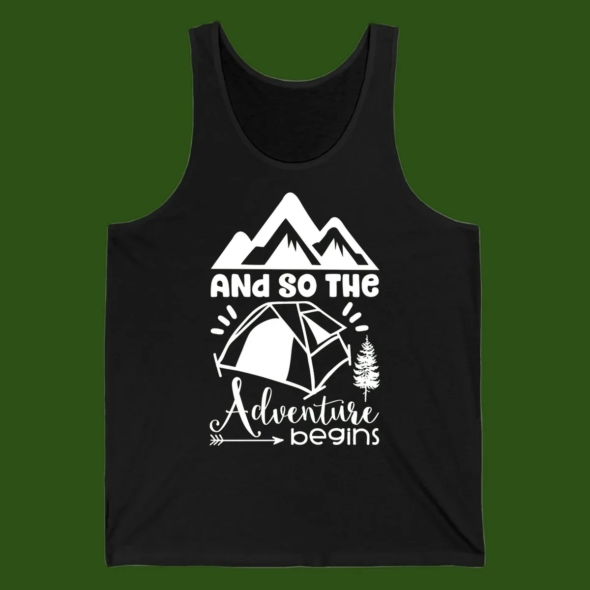 Adventure begins camping design with snow mountains, tent, tree, and motivational text on gray background