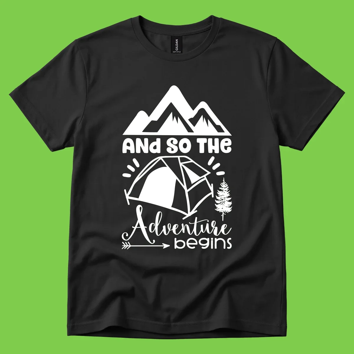 Adventure begins camping design with snow mountains, tent, tree, and motivational text on gray background