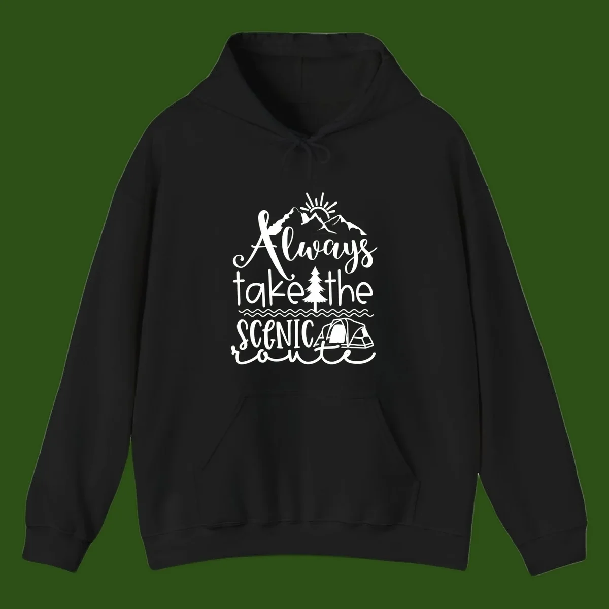 White line art design with mountains, sun, pine tree, tent, and water featuring 'Always take the scenic route' script text