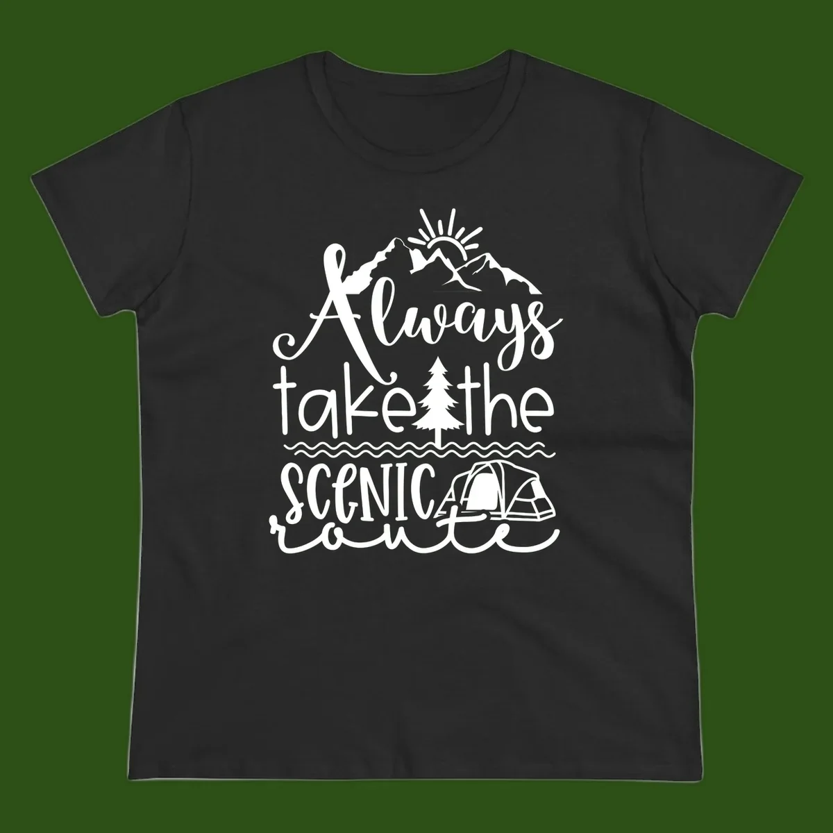 White line art design with mountains, sun, pine tree, tent, and water featuring 'Always take the scenic route' script text