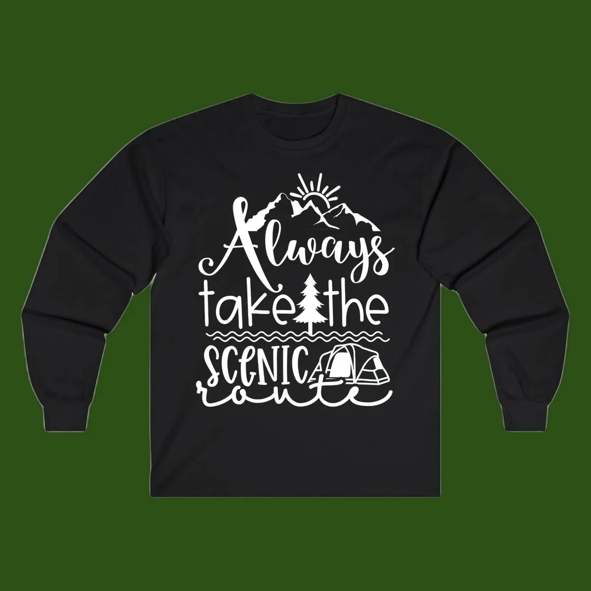 White line art design with mountains, sun, pine tree, tent, and water featuring 'Always take the scenic route' script text