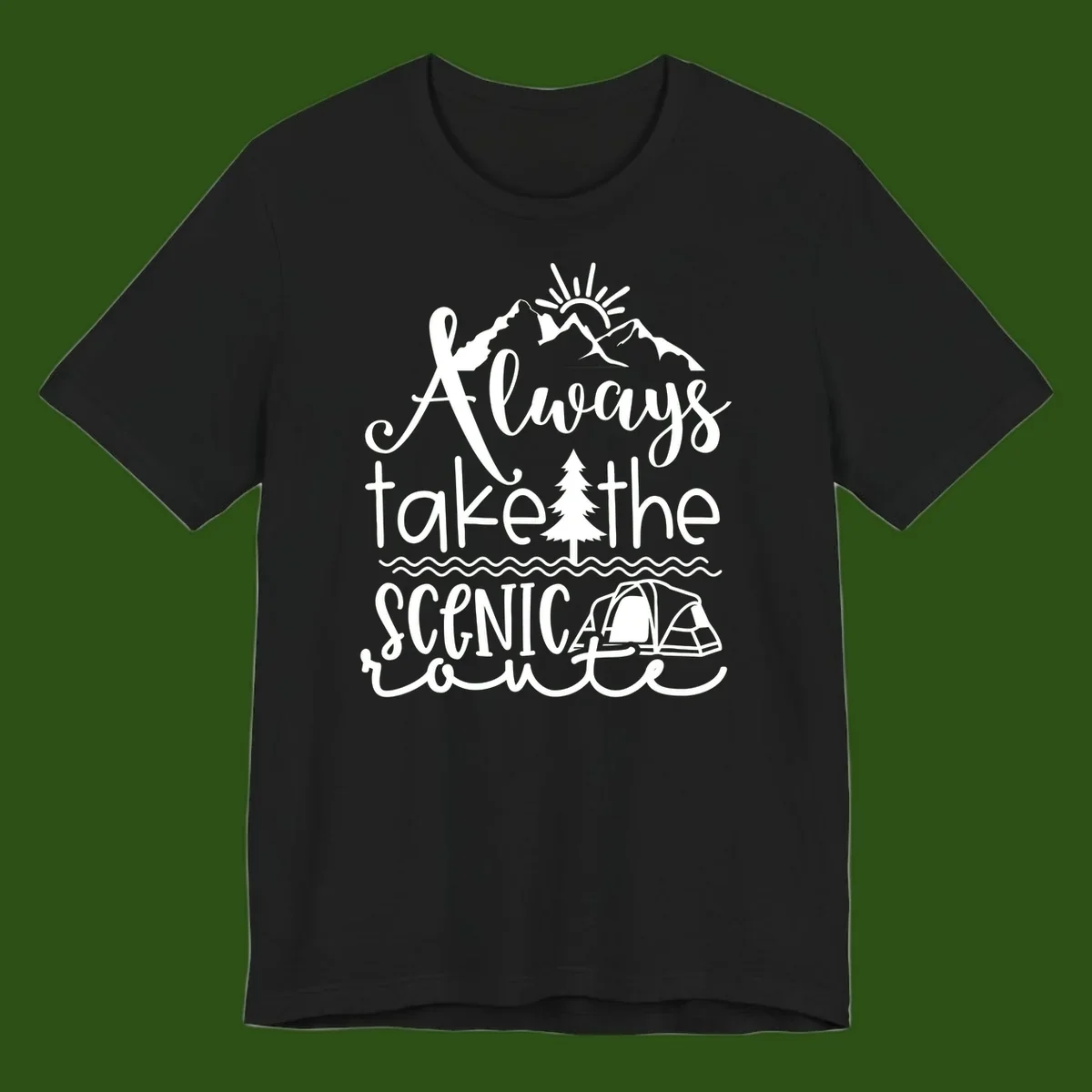 White line art design with mountains, sun, pine tree, tent, and water featuring 'Always take the scenic route' script text