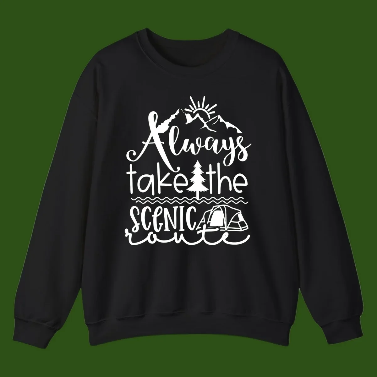 White line art design with mountains, sun, pine tree, tent, and water featuring 'Always take the scenic route' script text