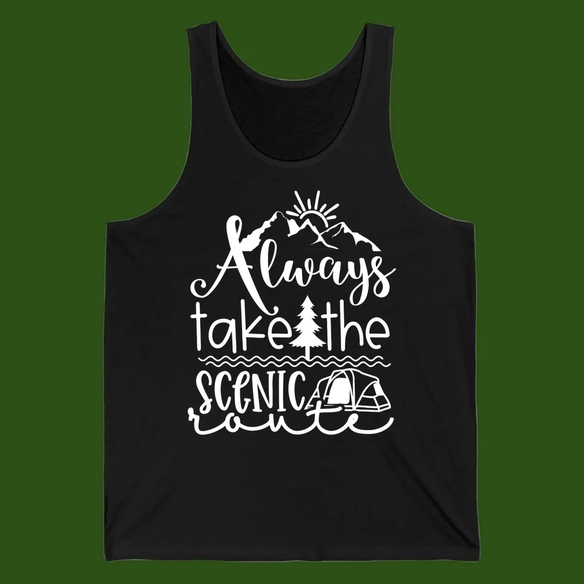 White line art design with mountains, sun, pine tree, tent, and water featuring 'Always take the scenic route' script text