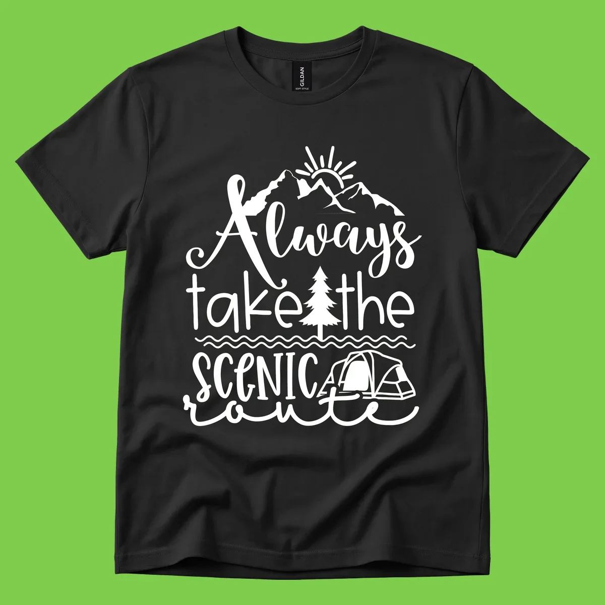 White line art design with mountains, sun, pine tree, tent, and water featuring 'Always take the scenic route' script text