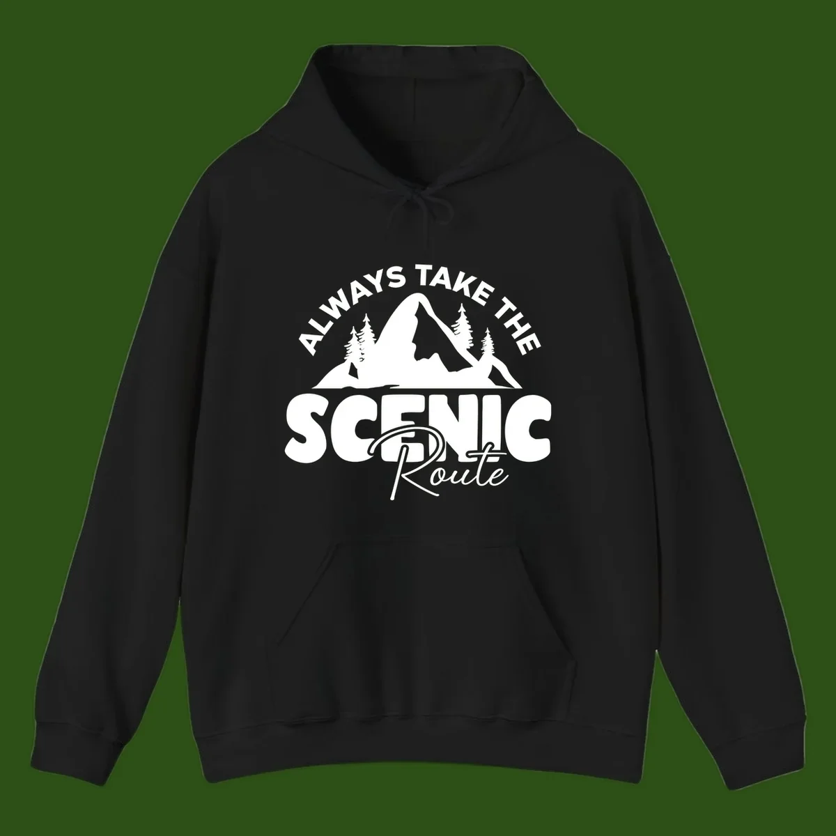 White mountain landscape illustration with evergreen trees and text reading 'All Ways Take The Scenic Route' on gray background