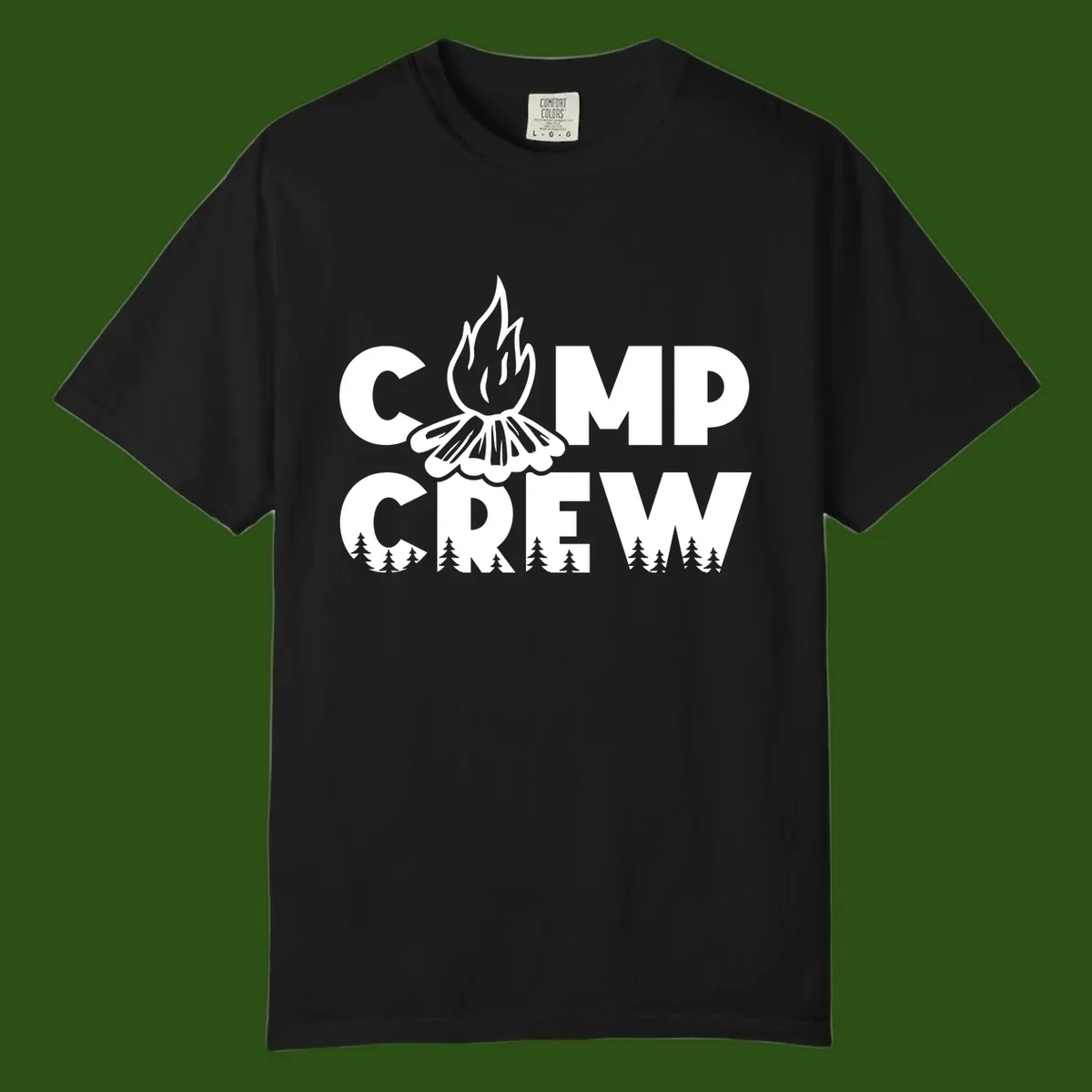 Camp Crew campfire design with stylized flames, flower bloom, and pine trees on gray background