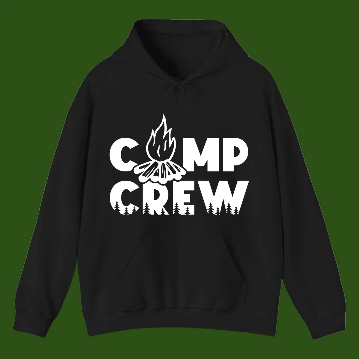 Camp Crew campfire design with stylized flames, flower bloom, and pine trees on gray background