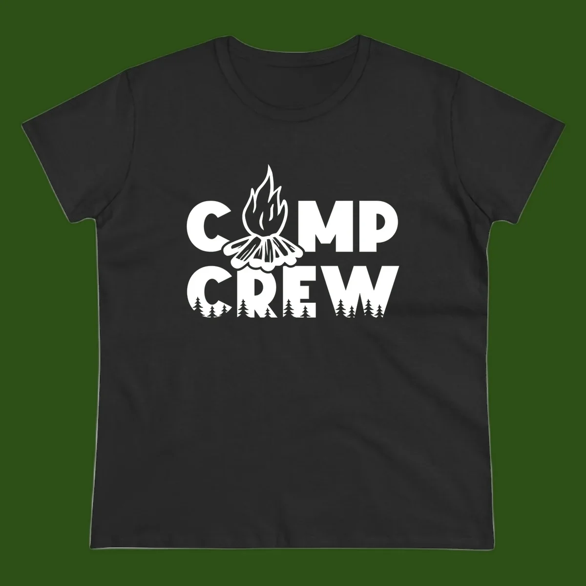 Camp Crew campfire design with stylized flames, flower bloom, and pine trees on gray background