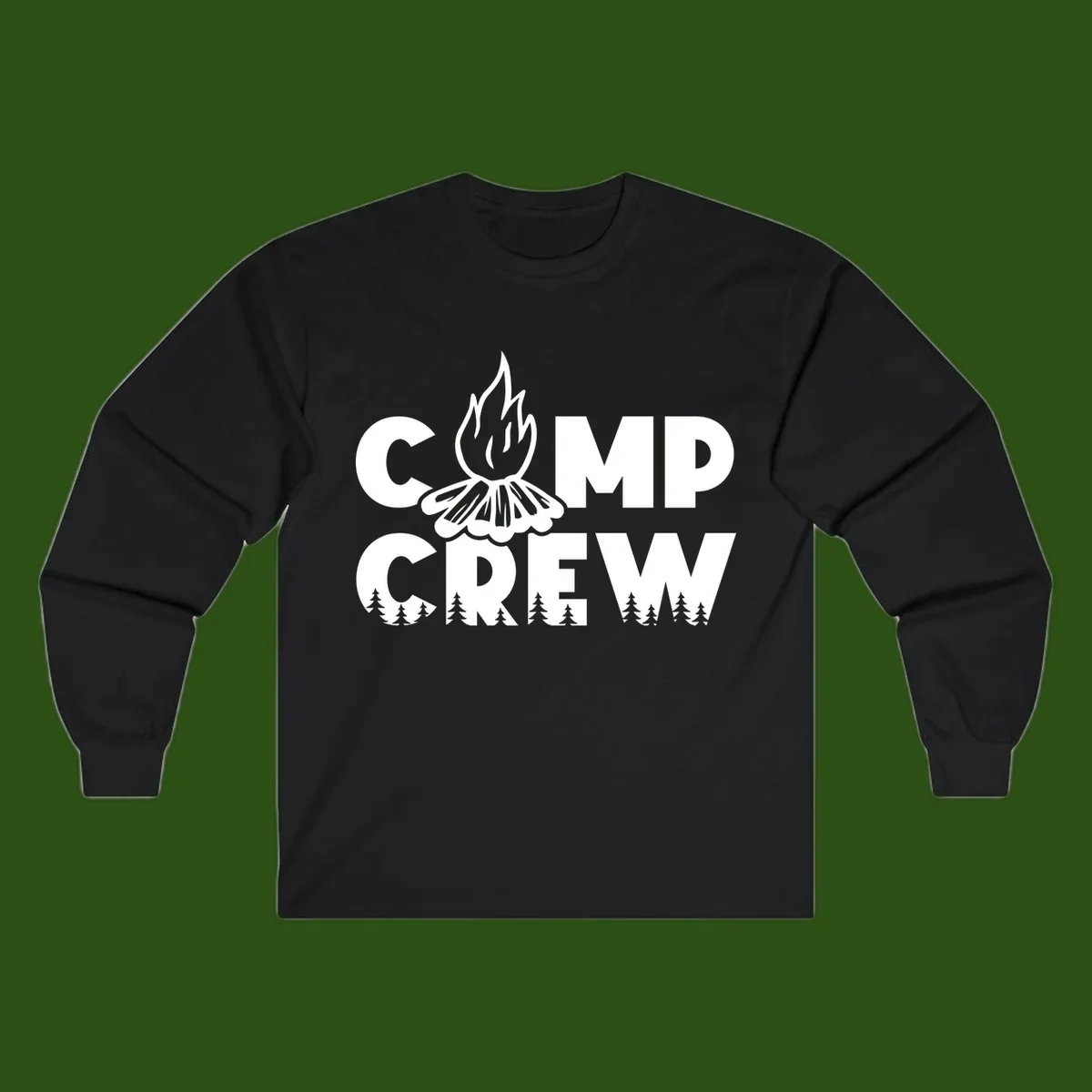 Camp Crew campfire design with stylized flames, flower bloom, and pine trees on gray background