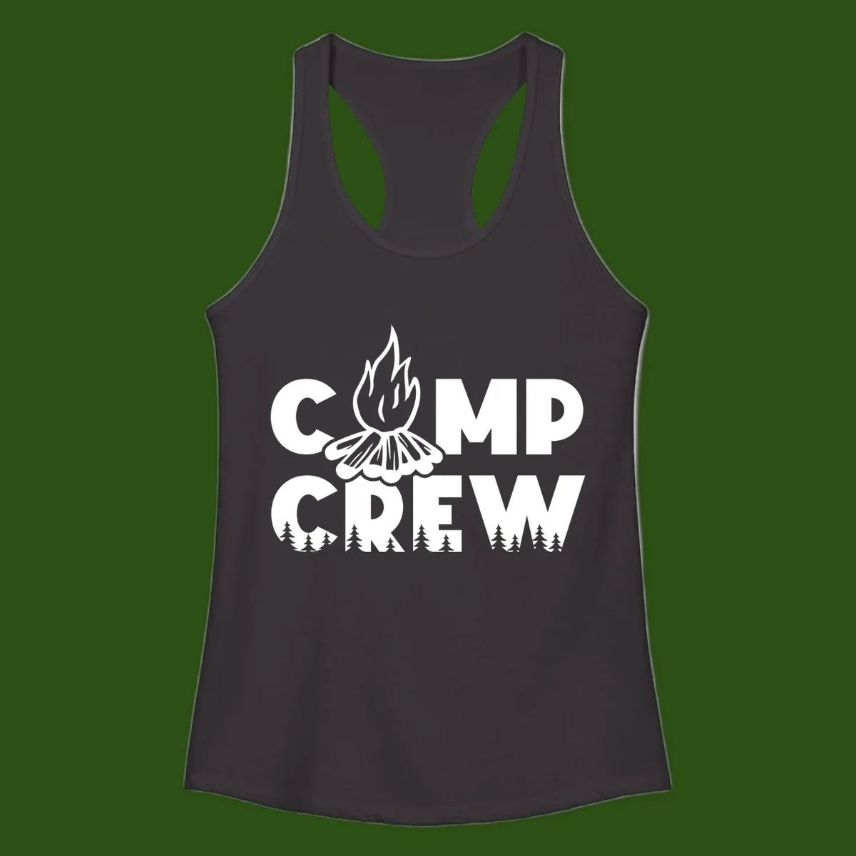 Camp Crew campfire design with stylized flames, flower bloom, and pine trees on gray background