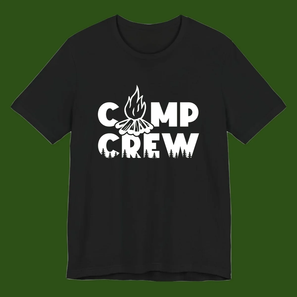 Camp Crew campfire design with stylized flames, flower bloom, and pine trees on gray background