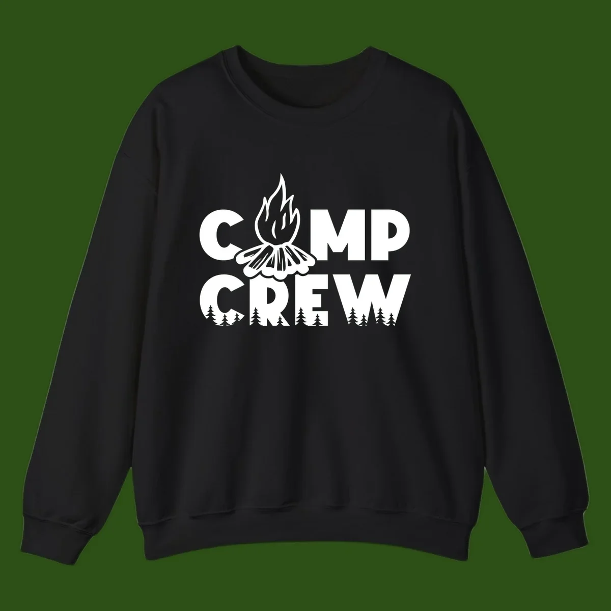 Camp Crew campfire design with stylized flames, flower bloom, and pine trees on gray background
