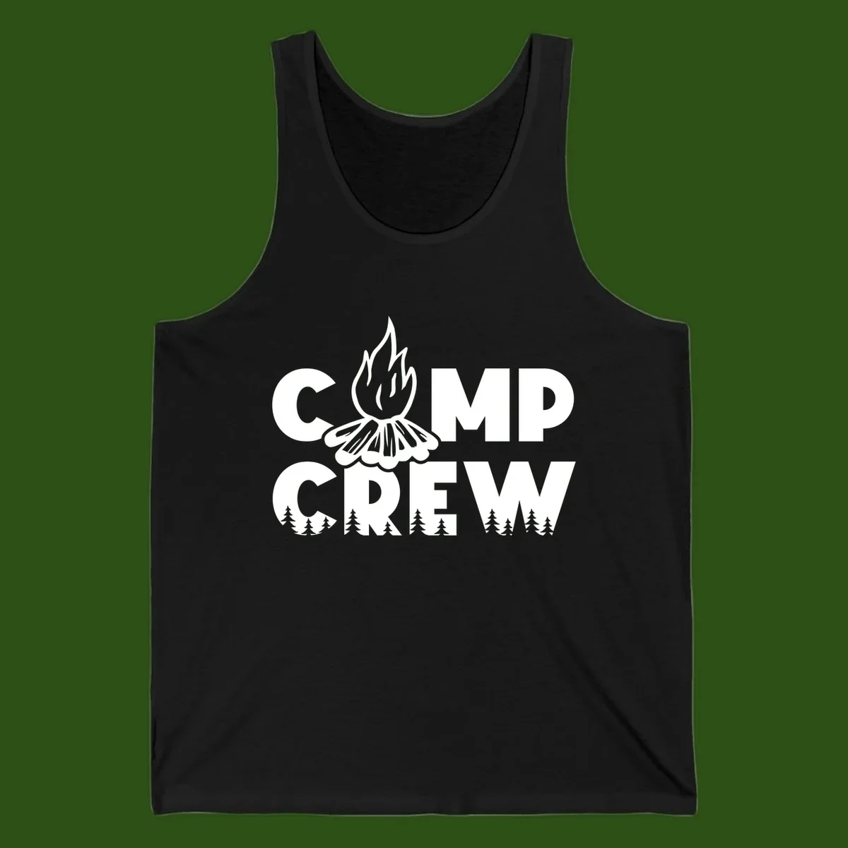 Camp Crew campfire design with stylized flames, flower bloom, and pine trees on gray background