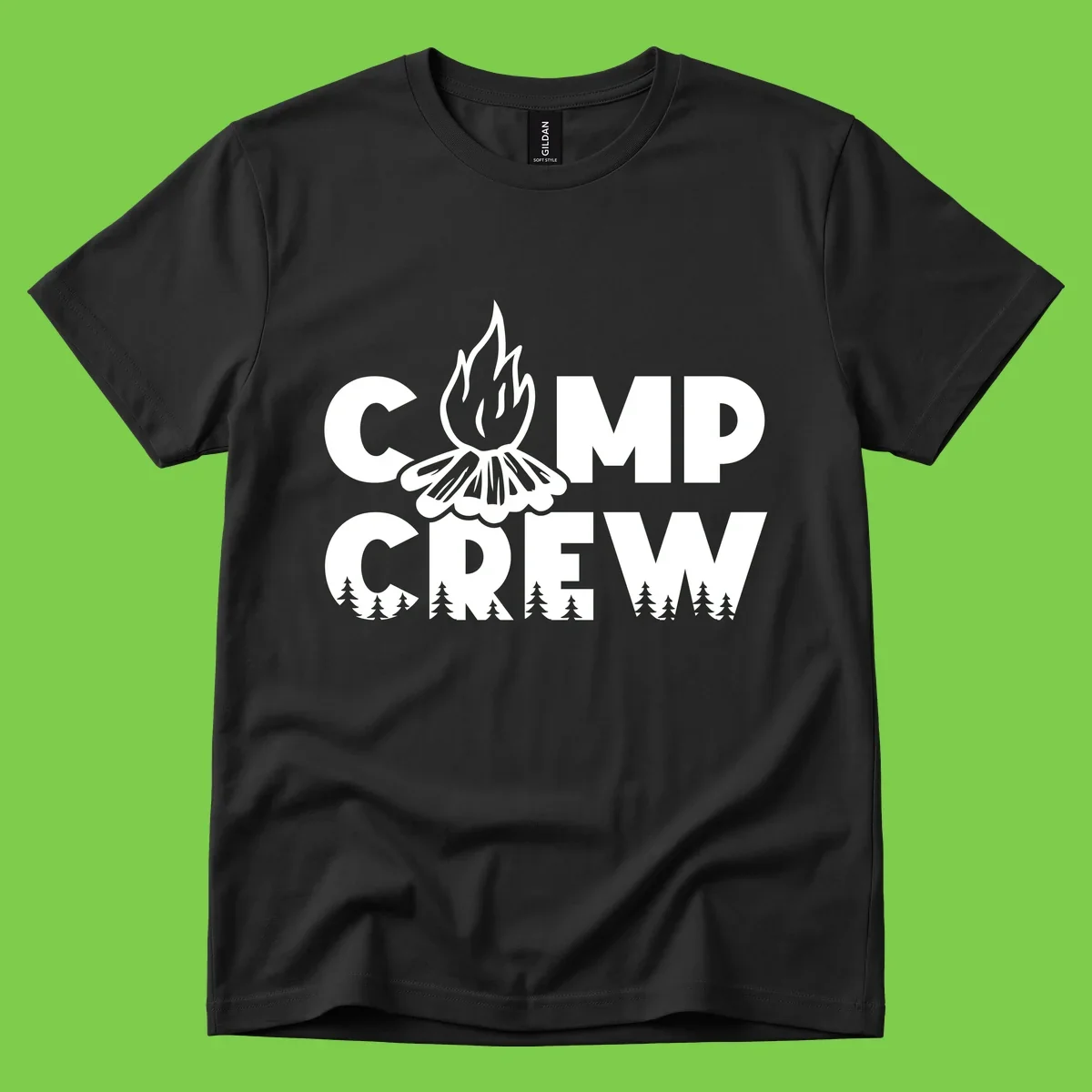 Camp Crew campfire design with stylized flames, flower bloom, and pine trees on gray background