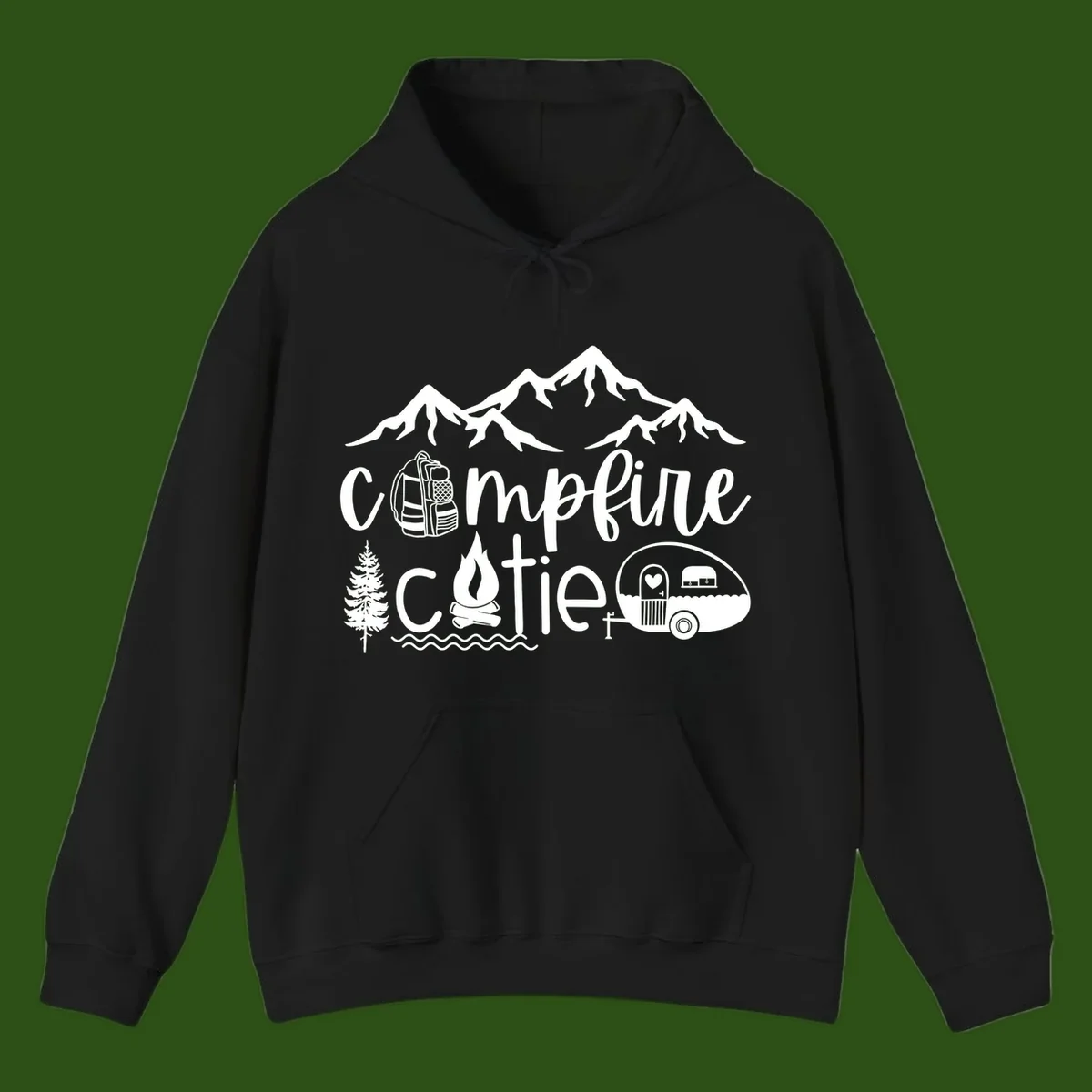 Campfire cutie camping design with mountains, backpack, camper trailer, campfire, and pine tree in white on gray background