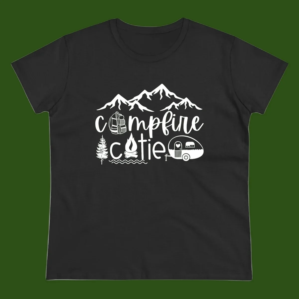 Campfire cutie camping design with mountains, backpack, camper trailer, campfire, and pine tree in white on gray background