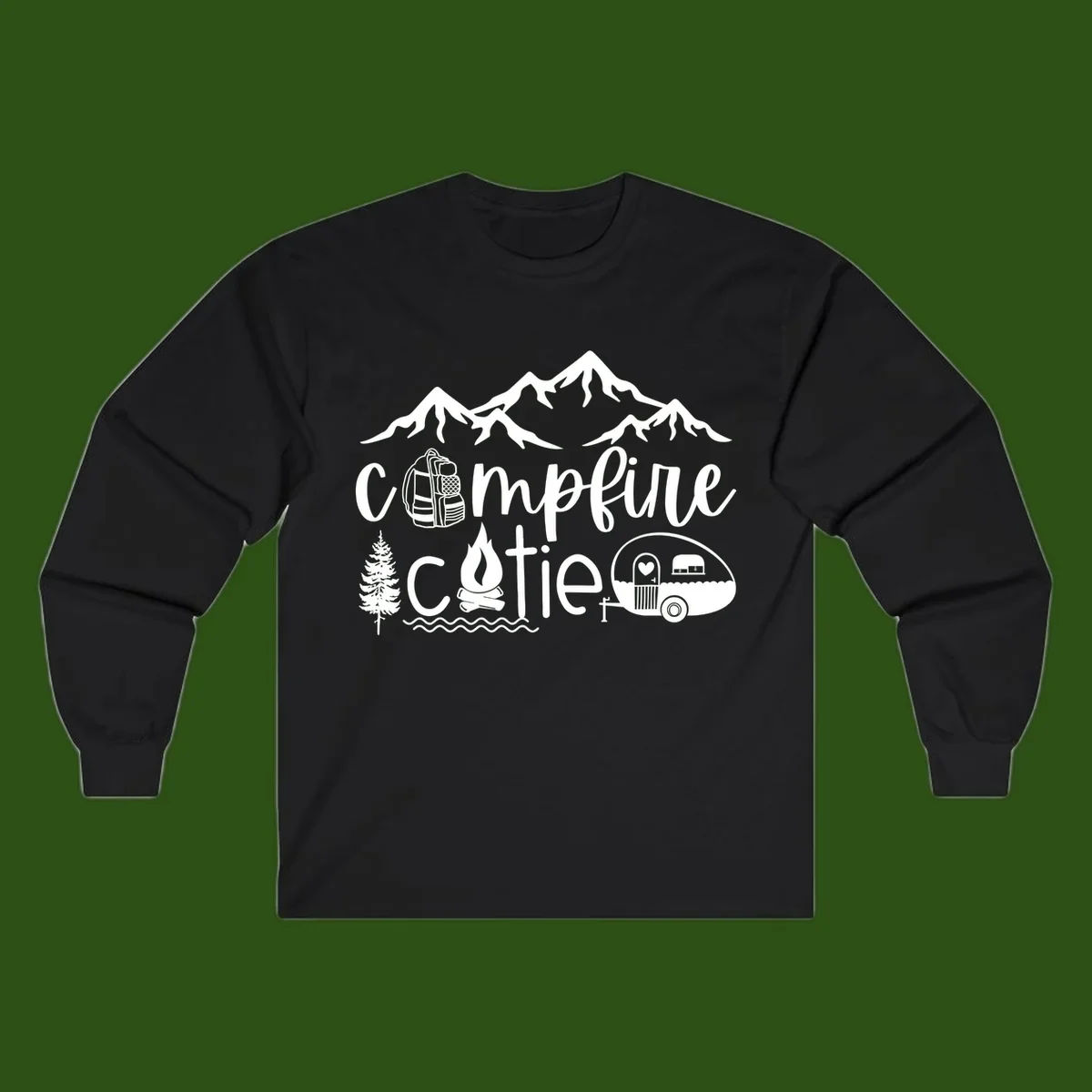 Campfire cutie camping design with mountains, backpack, camper trailer, campfire, and pine tree in white on gray background