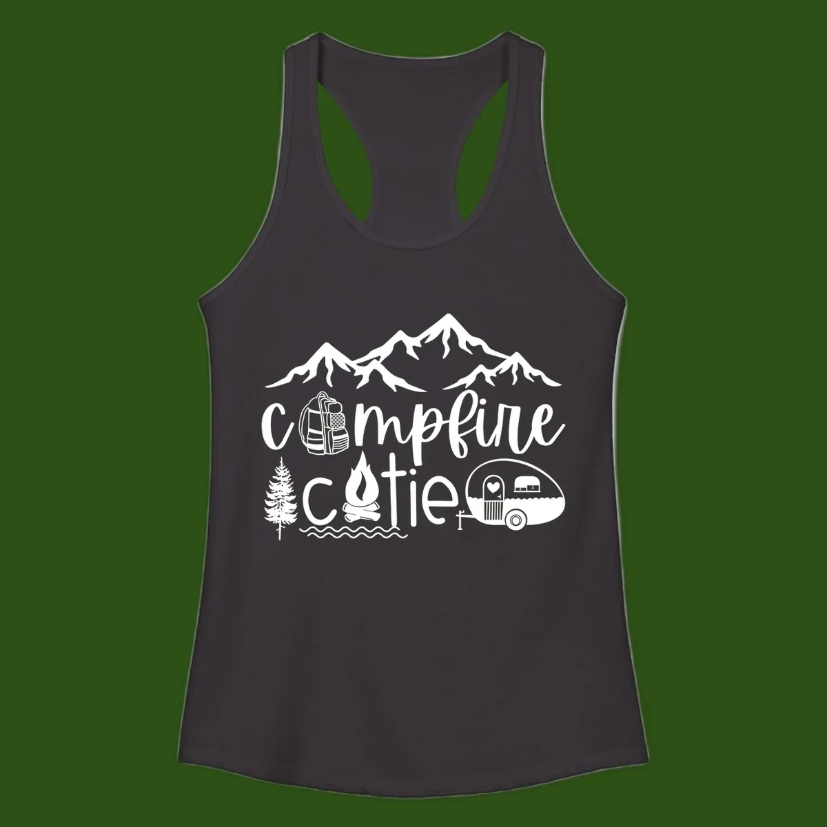 Campfire cutie camping design with mountains, backpack, camper trailer, campfire, and pine tree in white on gray background