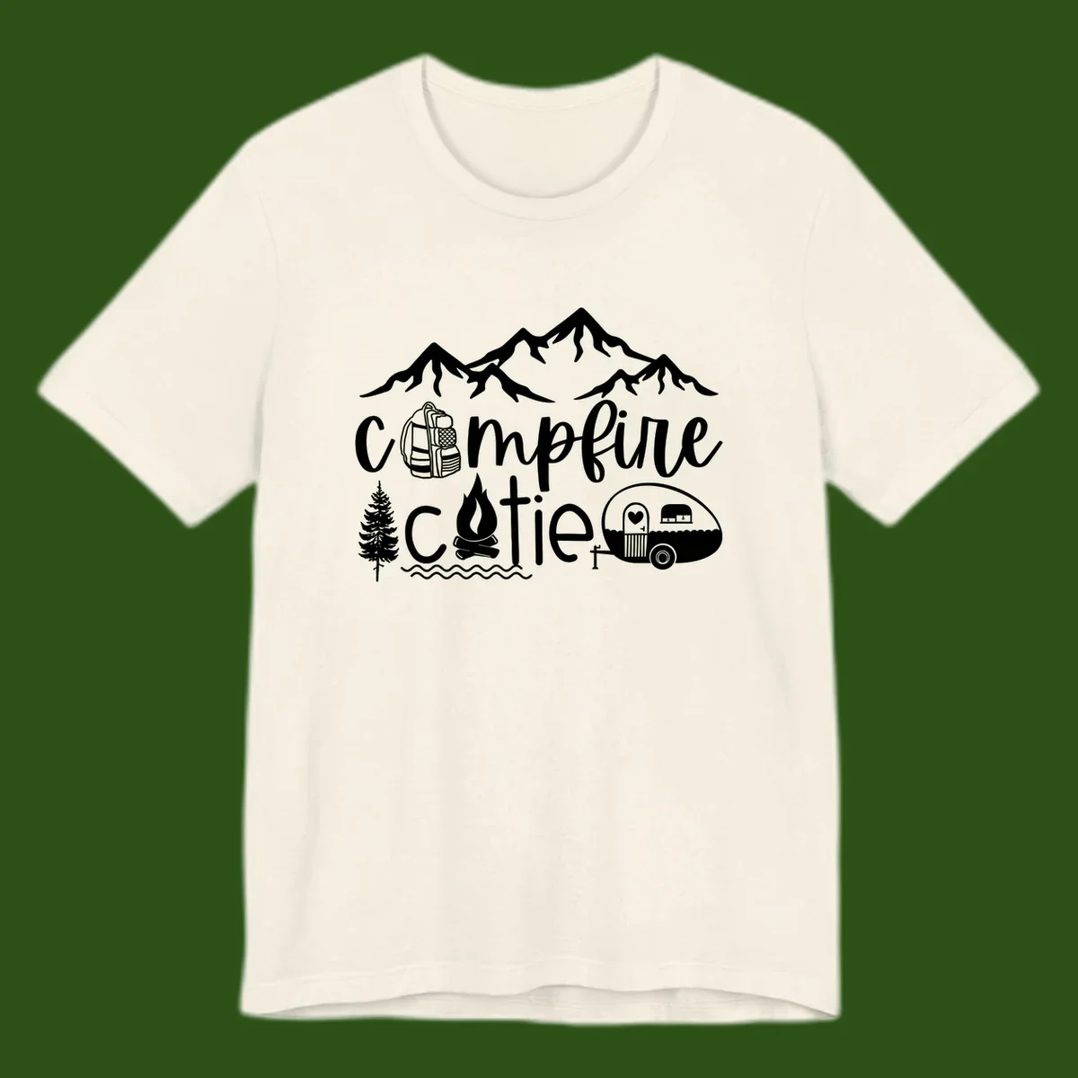 Campfire cutie camping design with mountains, backpack, camper trailer, campfire, and pine tree in white on gray background