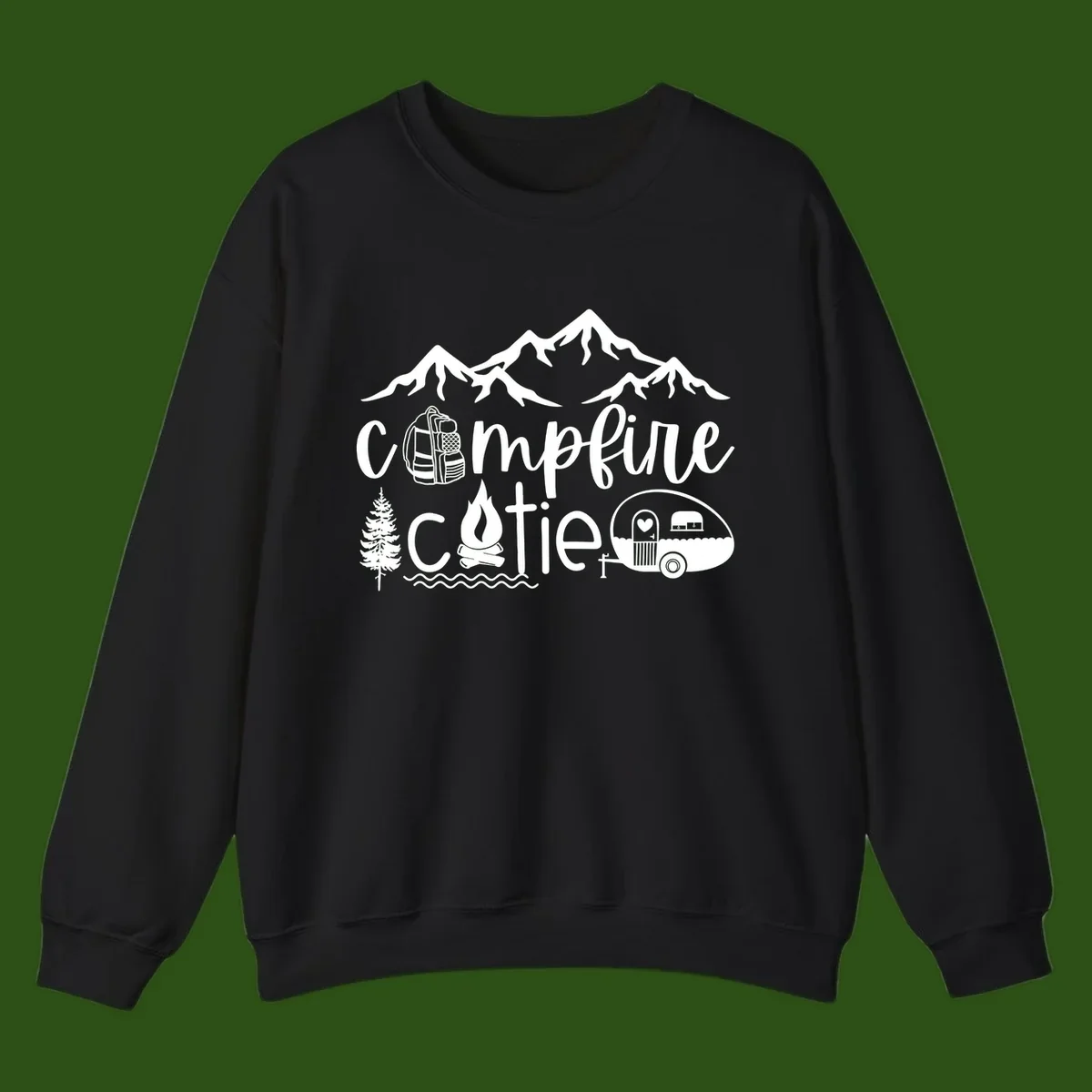 Campfire cutie camping design with mountains, backpack, camper trailer, campfire, and pine tree in white on gray background