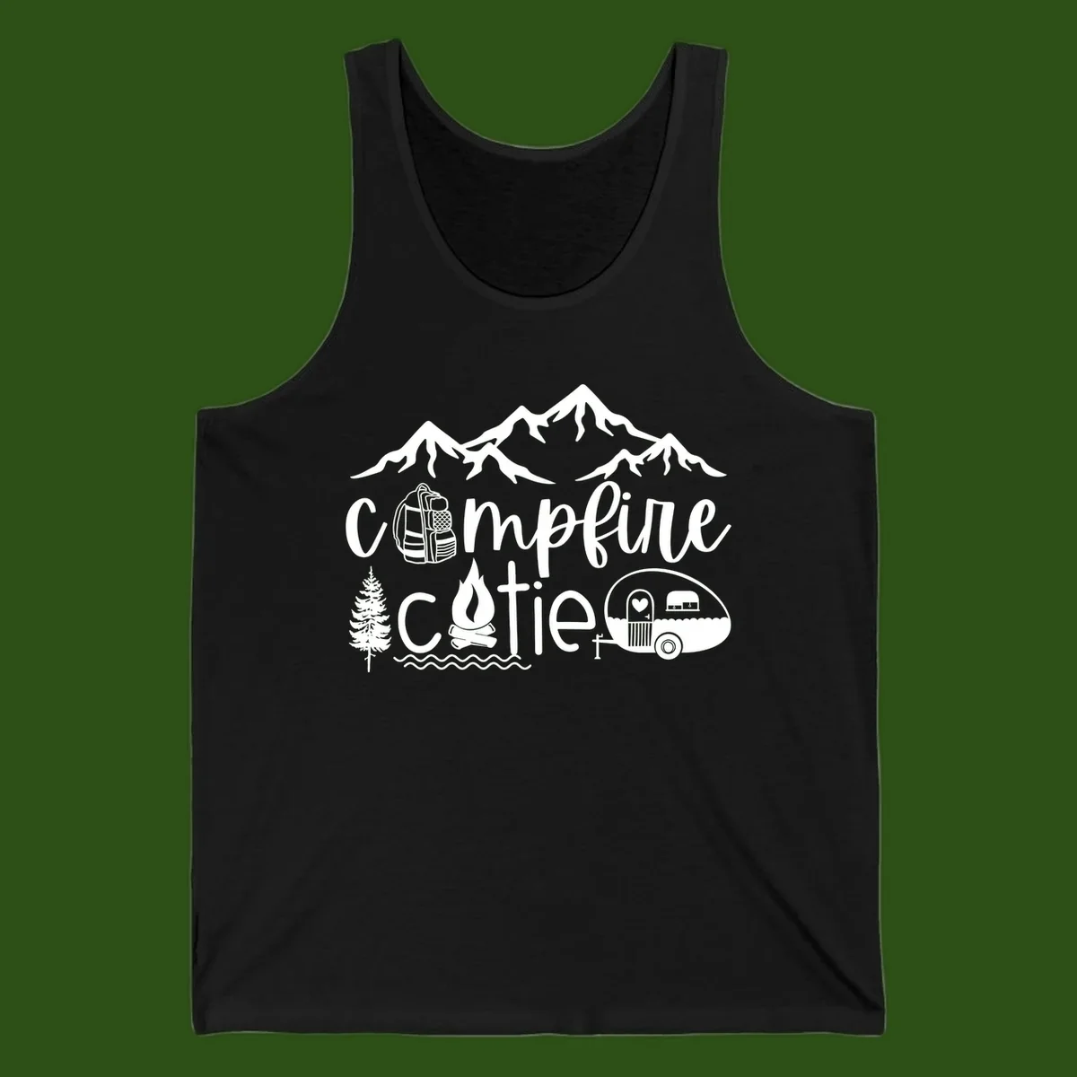 Campfire cutie camping design with mountains, backpack, camper trailer, campfire, and pine tree in white on gray background