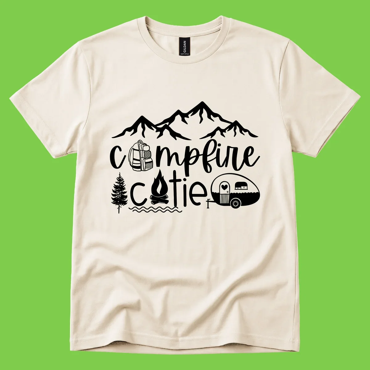 Campfire cutie camping design with mountains, backpack, camper trailer, campfire, and pine tree in white on gray background
