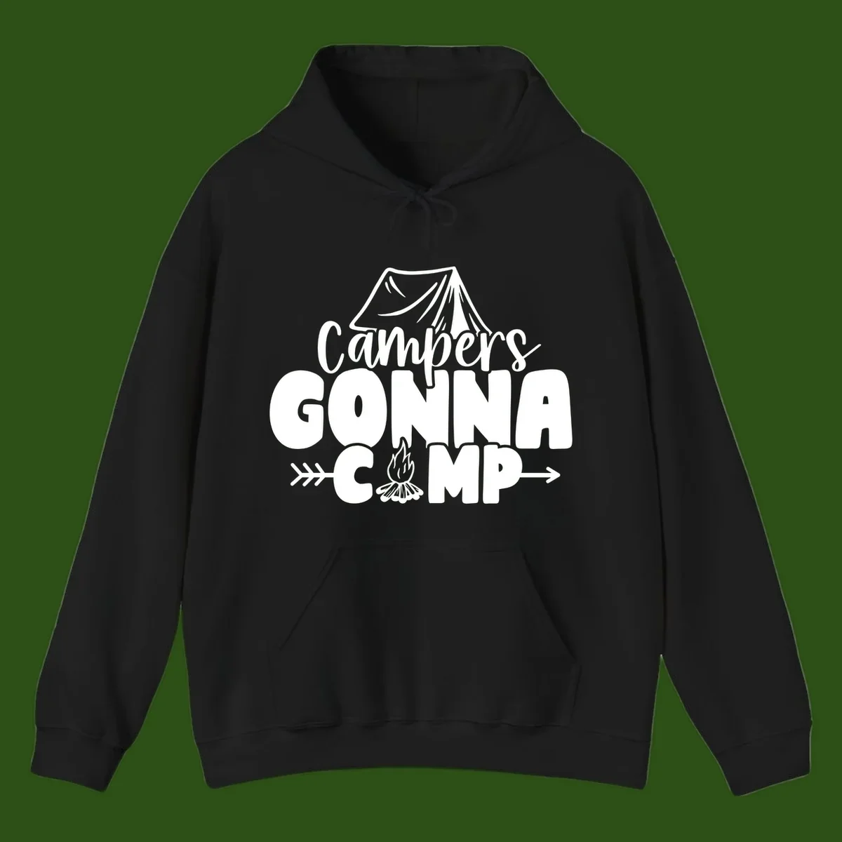 White text design reading 'Campers GONNA CAMP' with tent and campfire illustrations on gray background