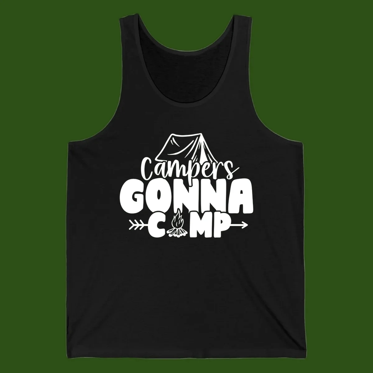 White text design reading 'Campers GONNA CAMP' with tent and campfire illustrations on gray background